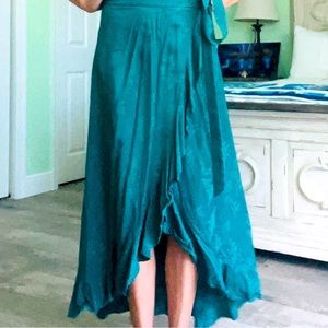 TURQUOISE MAXI FRONT SLIT RUFFLED HEMLINE SKIRT